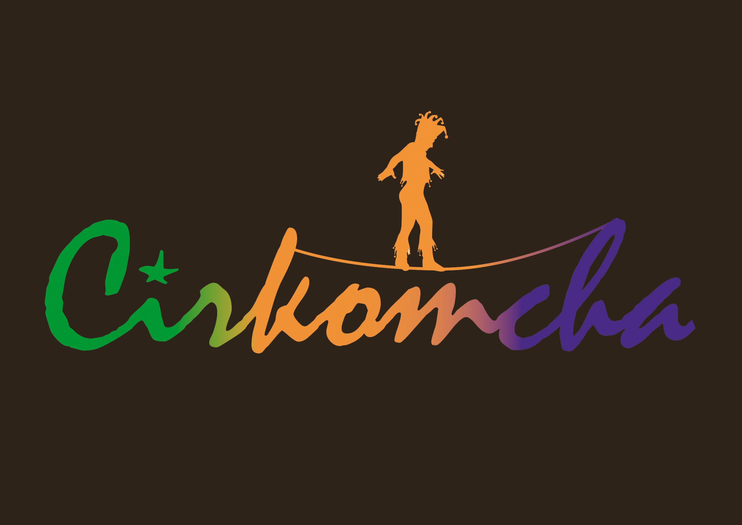 Mot "Cirkomcha" avec lettrage coloré comportant un fil entre les boucles du K et du H avec un funambule sur le fil